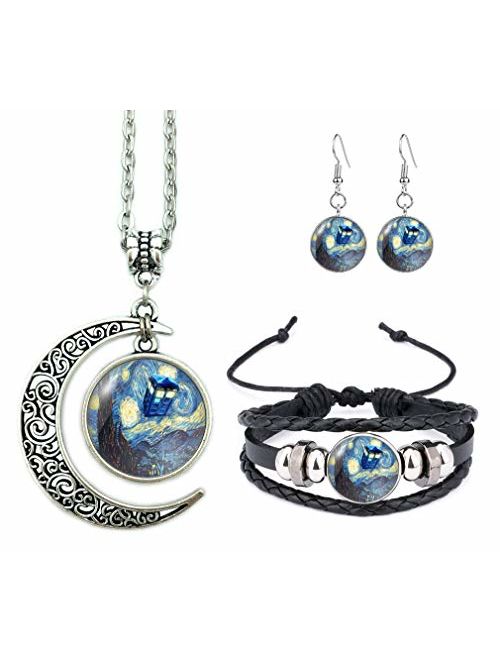 ALNDA Moon Necklace Doctor Who The Tardis Crescent Pendant Vincent Van Gogh Starry Night Charms Gift for Women