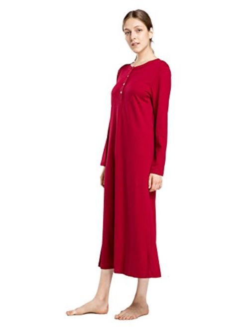 Buy lantisan Cotton Knit Long Sleeve Nightgown for Women, Henley Full ...