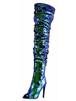 Women's Over The Knee High Heels Boots Fashion Sparkle Sequins Peep Toe Christmas Party Dance Stiletto Booties