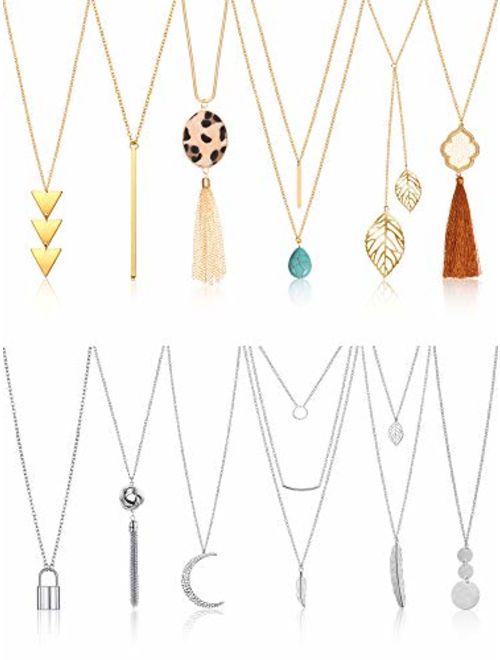 Hicarer 12 Pieces Long Pendant Necklace Set Y Tassel Leaf Circle Bar Necklace for Women