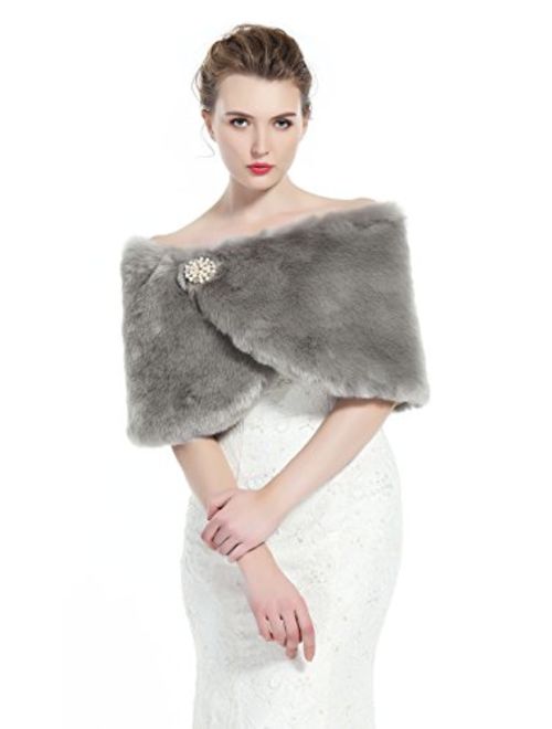 Faux Fur Shawl Wrap Womens Bridal Winter Wedding Party Shrug Free Brooch (12 colors) by BEATELICATE