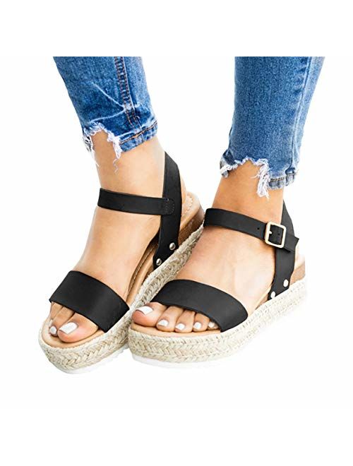 Mafulus Womens Espadrilles Platform Sandals Wedge Ankle Strap Studded Open Toe Summer Sandals