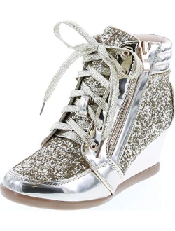 Link Women's Fashion Glitter High Top Lace Up Wedge Sneaker Shoes