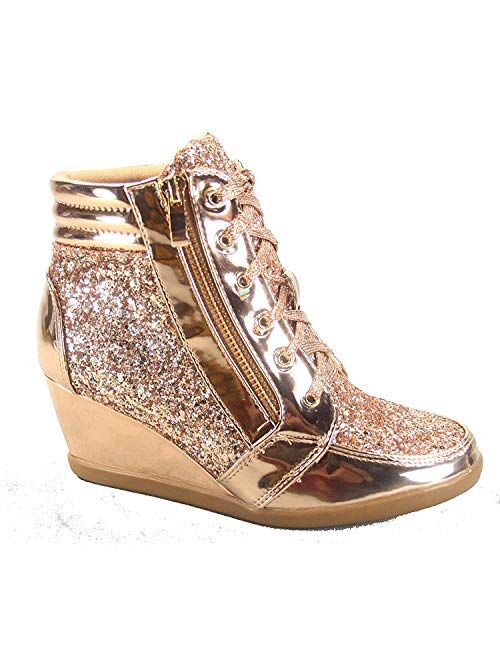 Forever Link Women's Fashion Glitter High Top Lace Up Wedge Sneaker Shoes