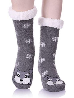 Womens Super Soft Cute Cartoon Animal fuzzy Cozy Non-Slip Winter Slipper Socks