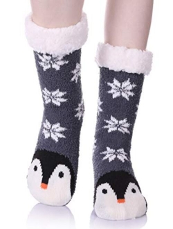 Womens Super Soft Cute Cartoon Animal fuzzy Cozy Non-Slip Winter Slipper Socks