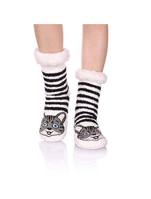 Womens Super Soft Cute Cartoon Animal fuzzy Cozy Non-Slip Winter Slipper Socks