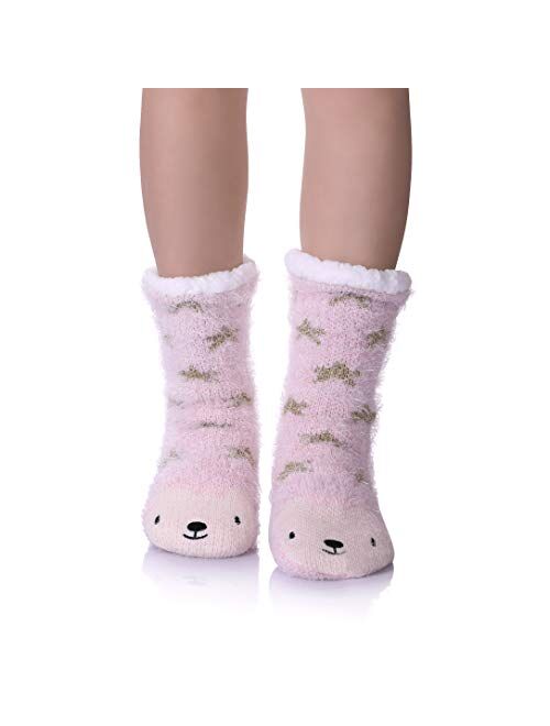 Womens Super Soft Cute Cartoon Animal fuzzy Cozy Non-Slip Winter Slipper Socks