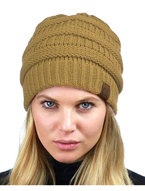 C.C Unisex Chunky Soft Stretch Cable Knit Warm Fuzzy Lined Skully Beanie