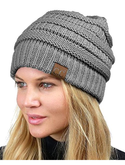 C.C Unisex Chunky Soft Stretch Cable Knit Warm Fuzzy Lined Skully Beanie