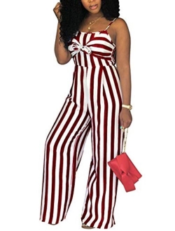 SheKiss Womens Striped Spaghetti Strap Summer Jumpsuits Sexy Tie Bowknot Long Pants Rompers