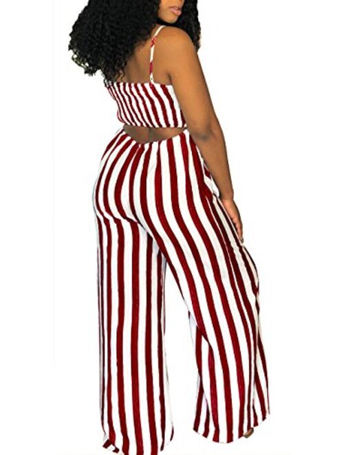 SheKiss Womens Striped Spaghetti Strap Summer Jumpsuits Sexy Tie Bowknot Long Pants Rompers