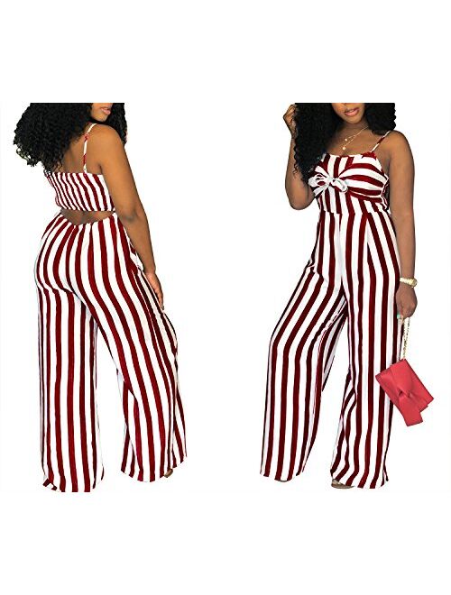 SheKiss Womens Striped Spaghetti Strap Summer Jumpsuits Sexy Tie Bowknot Long Pants Rompers