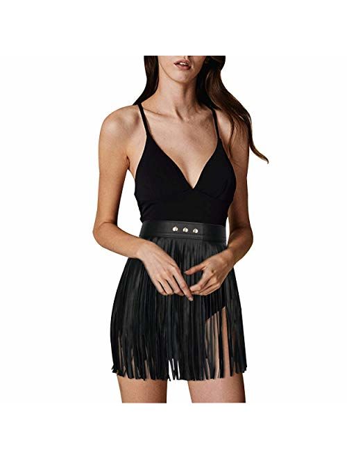 Maikun Women's Leather Fringe Dress Belt Gypsy Style Tassel Belt Black