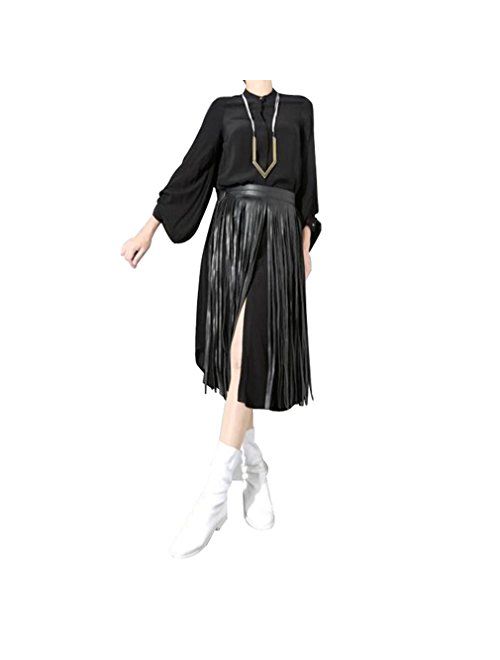 Maikun Women's Leather Fringe Dress Belt Gypsy Style Tassel Belt Black