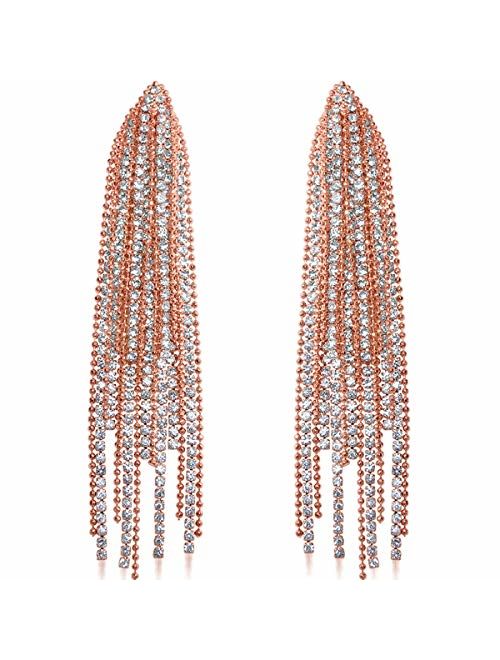 Humble Chic Simulated Diamond Earrings - Hypoallergenic Long Waterfall Fringe Tassels - CZ Crystal Statement Chandelier Drop Dangle Ear Studs for Women