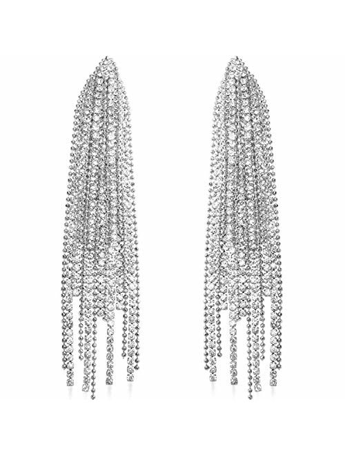 Humble Chic Simulated Diamond Earrings - Hypoallergenic Long Waterfall Fringe Tassels - CZ Crystal Statement Chandelier Drop Dangle Ear Studs for Women