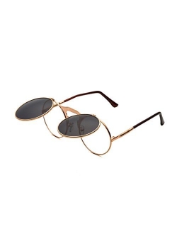 Round Sunglasses for Men Women 90's Retro Steampunk Style Flip Up Circle Sunglasses