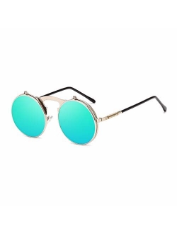 Round Sunglasses for Men Women 90's Retro Steampunk Style Flip Up Circle Sunglasses