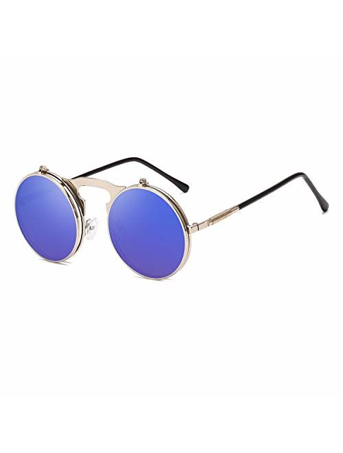 Round Sunglasses for Men Women 90's Retro Steampunk Style Flip Up Circle Sunglasses