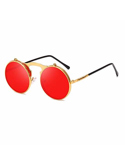 Round Sunglasses for Men Women 90's Retro Steampunk Style Flip Up Circle Sunglasses