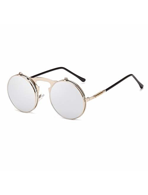 Round Sunglasses for Men Women 90's Retro Steampunk Style Flip Up Circle Sunglasses