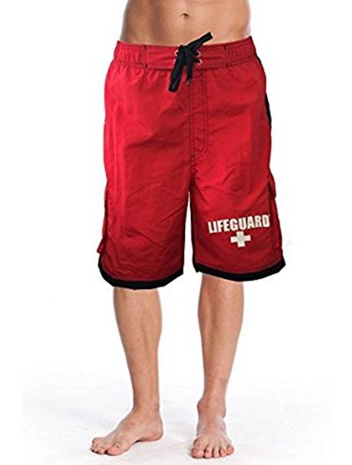 LIFEGUARD Officially Licensed Red Men's Board Shorts Swim Trunks with Side Pocket, Men and Boys, Great for Beach & Pool