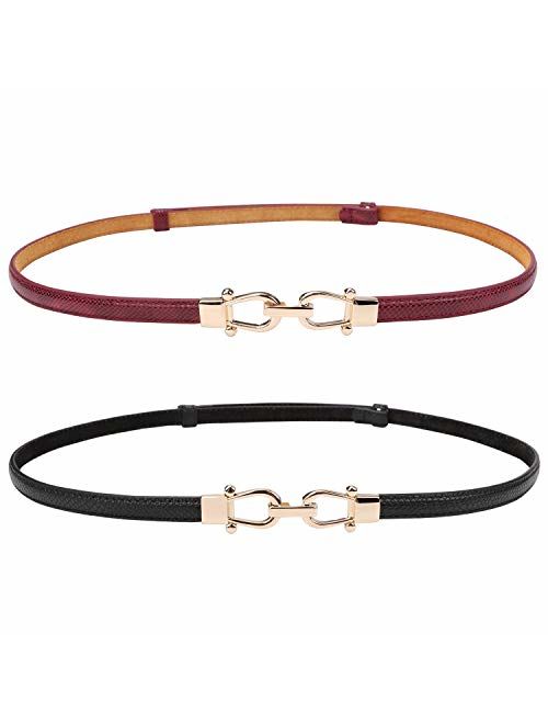 Leather Skinny Women Belt Thin Waist Belts for Dresses up to 37 Inches with Golden Buckle 2 Pack