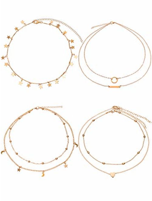 BBTO 4 Pieces Layered Pendant Choker Necklace Gold Layering Chain Choker for Women Girls