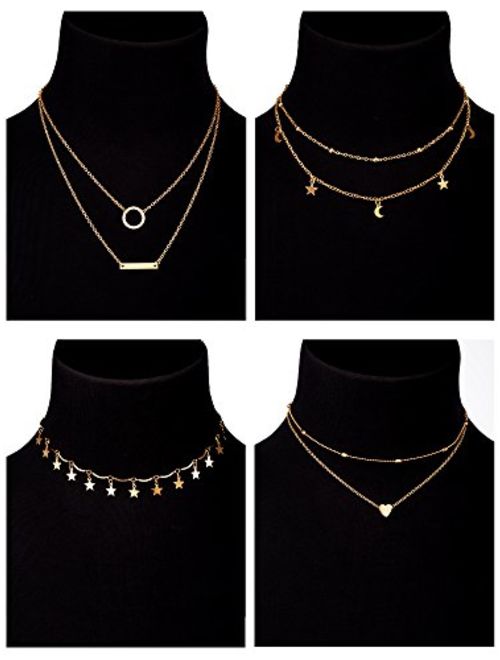 BBTO 4 Pieces Layered Pendant Choker Necklace Gold Layering Chain Choker for Women Girls