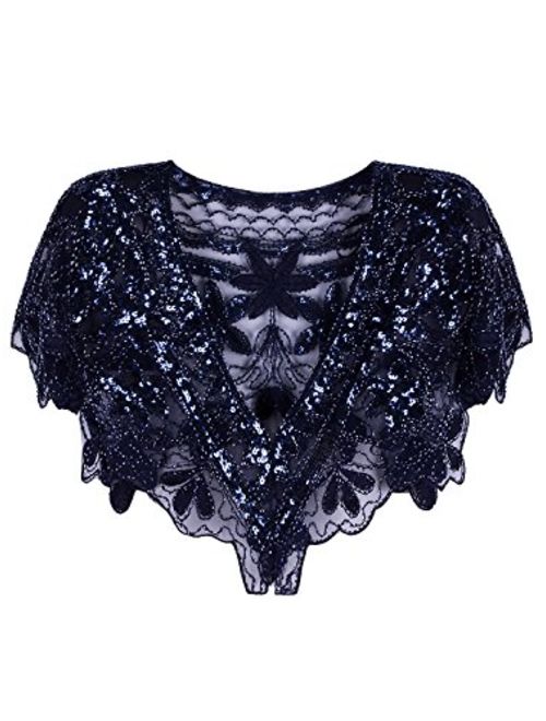 Vijiv Women's 1920s Shawl Wrap Art Deco Sequin Beaded Evening Cape Bolero Flapper Cover Up