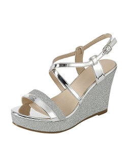 Cambridge Select Women's Open Toe Crisscross Ankle Strappy Mixed Media Glitter Platform Wedge Sandal