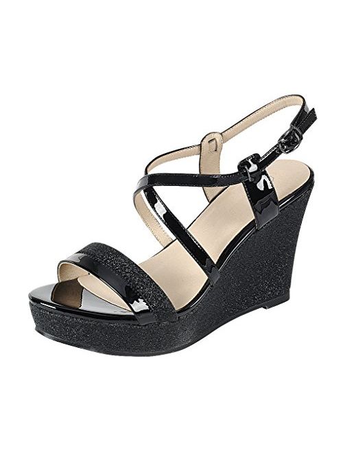 Cambridge Select Women's Open Toe Crisscross Ankle Strappy Mixed Media Glitter Platform Wedge Sandal