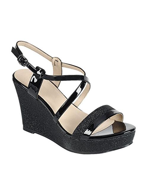 Cambridge Select Women's Open Toe Crisscross Ankle Strappy Mixed Media Glitter Platform Wedge Sandal