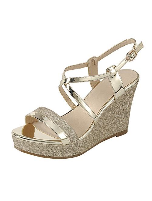 Cambridge Select Women's Open Toe Crisscross Ankle Strappy Mixed Media Glitter Platform Wedge Sandal