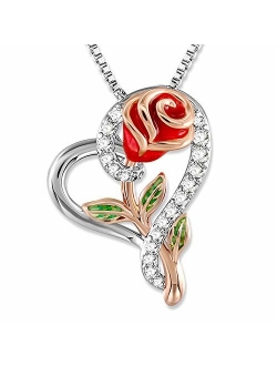 Rose Necklace for Women 5A Cubic Zirconia Love Heart Pendant Necklace Jewelry with Gift Box