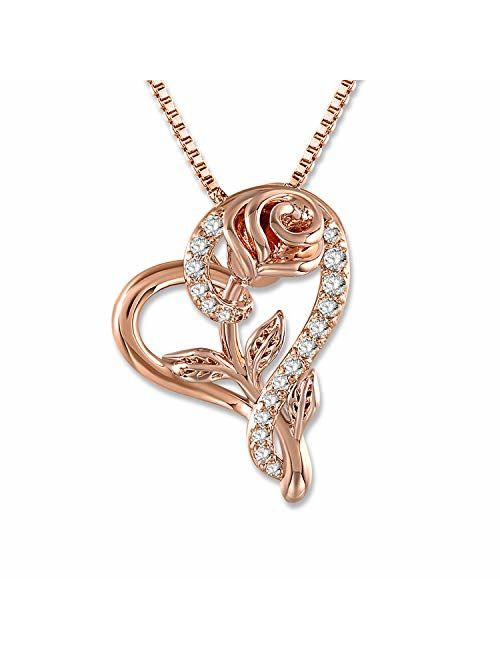 Rose Necklace for Women 5A Cubic Zirconia Love Heart Pendant Necklace Jewelry with Gift Box