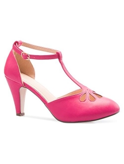 Olivia K Women's Low Heels Mary Jane Pumps - Adorable Vintage Shoes- Unique Round Toe Design with an Adjustable T Strap