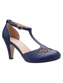 Olivia K Women's Low Heels Mary Jane Pumps - Adorable Vintage Shoes- Unique Round Toe Design with an Adjustable T Strap