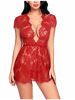 Women Sexy Lingerie Eyelash Lace Babydoll Deep V Nightwear Mesh Sheer Chemises