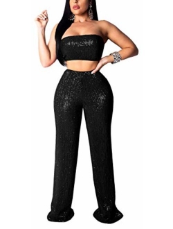 Women's Sexy V Neck Two Piece Jumpsuits Elegant Off Shoulder Crop Top Long Palazzo Pants Floral Rompers