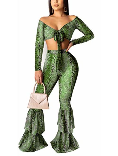 Women's Sexy V Neck Two Piece Jumpsuits Elegant Off Shoulder Crop Top Long Palazzo Pants Floral Rompers