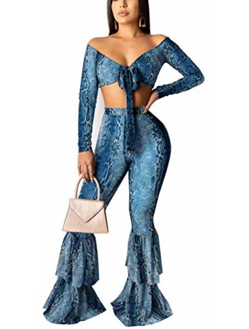 Women's Sexy V Neck Two Piece Jumpsuits Elegant Off Shoulder Crop Top Long Palazzo Pants Floral Rompers