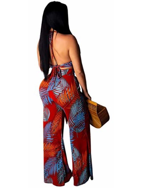 Women's Sexy V Neck Two Piece Jumpsuits Elegant Off Shoulder Crop Top Long Palazzo Pants Floral Rompers