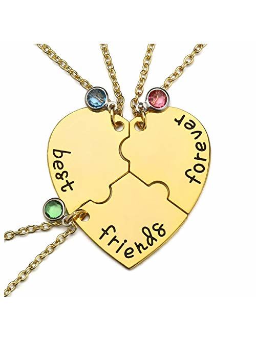 Top Plaza Silver Tone Alloy Rhinestone Best Friends Forever and Ever BFF Necklace Engraved Puzzle Friendship Pendant Necklaces Set(Set of 3)