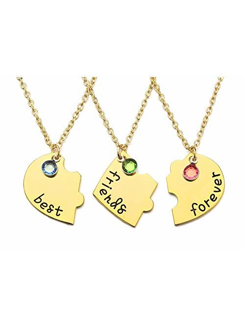 Top Plaza Silver Tone Alloy Rhinestone Best Friends Forever and Ever BFF Necklace Engraved Puzzle Friendship Pendant Necklaces Set(Set of 3)