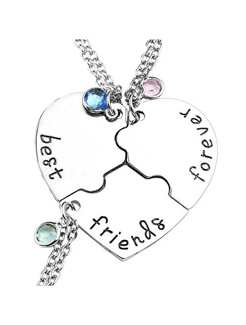 Top Plaza Silver Tone Alloy Rhinestone Best Friends Forever and Ever BFF Necklace Engraved Puzzle Friendship Pendant Necklaces Set(Set of 3)