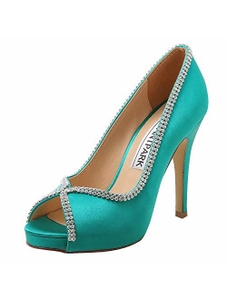 ElegantPark EP11083 Women Pumps Peep Toe Rhinestones Platform High Heel Satin Evening Wedding Dress Shoes