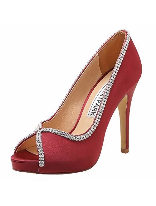 ElegantPark EP11083 Women Pumps Peep Toe Rhinestones Platform High Heel Satin Evening Wedding Dress Shoes