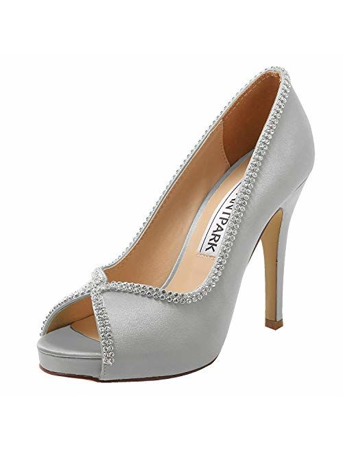 ElegantPark EP11083 Women Pumps Peep Toe Rhinestones Platform High Heel Satin Evening Wedding Dress Shoes